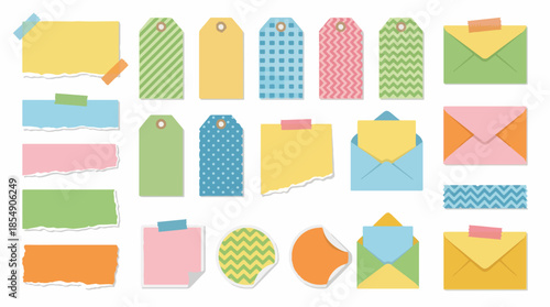 Pastel stationery graphic set sticky notes, patterned gift tags, envelopes, torn paper, and washi tape. Perfect for creative digital design projects and crafting