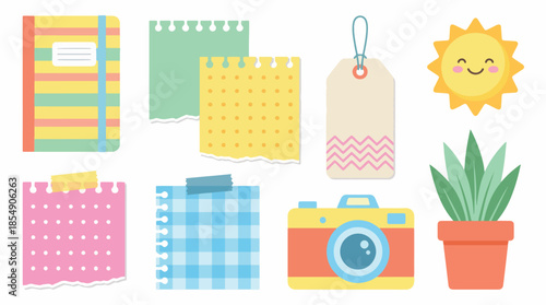 Cute flat design collection colorful stationery, paper notes, cheerful sun, vintage camera, and potted plant elements for various creative projects