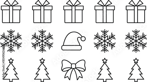 Minimal Christmas icon set featuring gift boxes snowflakes Santa hat bow ribbon and fir trees in clean outline vector style