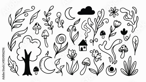Whimsical Doodle Elements Nature, Moon, and Mushrooms - Hand-Drawn Vector Illustrations