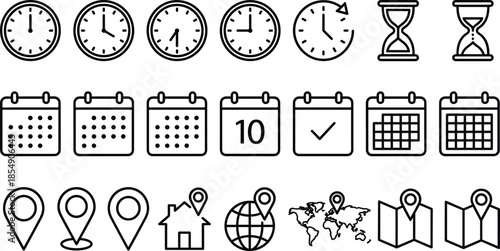 Minimal time calendar and location icon set illustration, black outline clocks calendars maps hourglass symbols, scheduling planning vector icons isolated on white