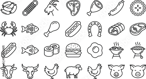 Outline protein cuisine icon collection illustration, monochrome livestock seafood grill dishes symbols, culinary menu assets vector set isolated white background