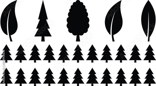 Tree and leaf silhouettes set, black pine forest icons, nature plant symbols, evergreen fir outline, foliage collection, eco friendly environment design, vector