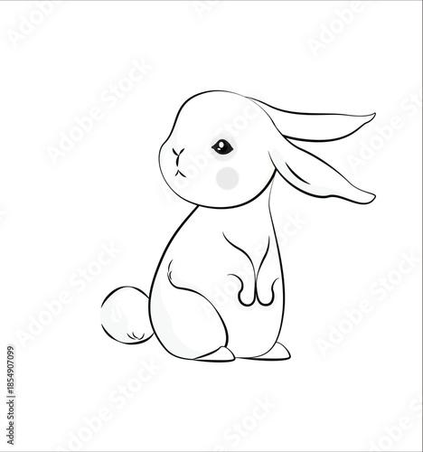 clean black and white line art illustration of a small cute easter rabbit sitting upright with its front paws tucked in and ears swept back, featuring a simple, cute aesthetic with grey cheek accents