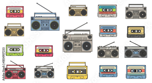 Collection of Various Colored Retro Radios.