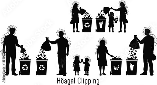 Recycling silhouette vector set, people disposing waste, eco-friendly actions, trash bin icons, environmental care, black graphic, stock illustration, art