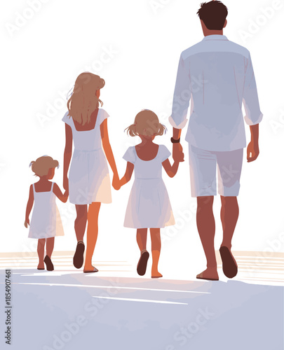 Create a realistic Family with two children wearing white summer clothes walking hand in hand in backlight, vector art with white background.
