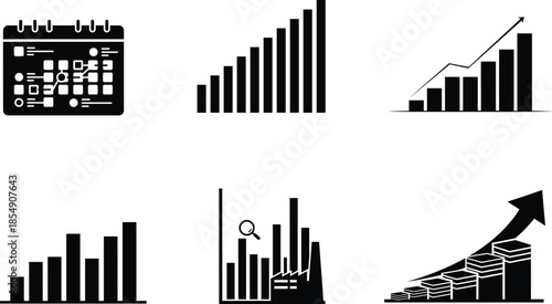 Collection of black and white business and finance related icons and graphs