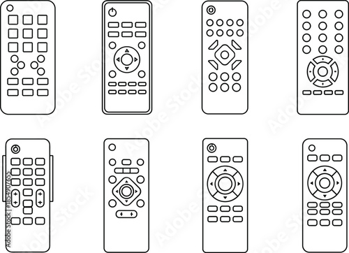 Remote control icons, electronic device controllers, button layout designs, TV and media remotes collection, home electronics symbols, black vector illustration set