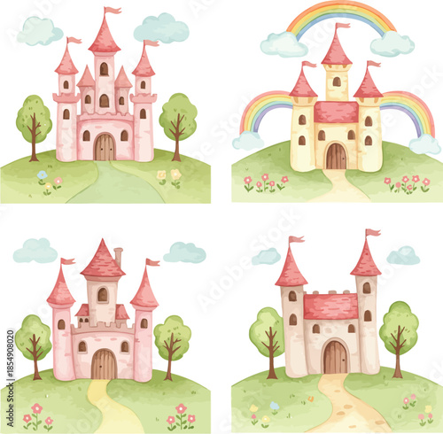 Whimsical illustrations of four fairy tale castles on green hills