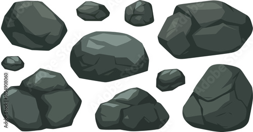 Collection of Dark Grey Rocks and Decorative Garden Stones Isolated on White