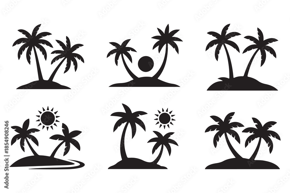 Obraz premium Tropical palm island silhouette icon set 