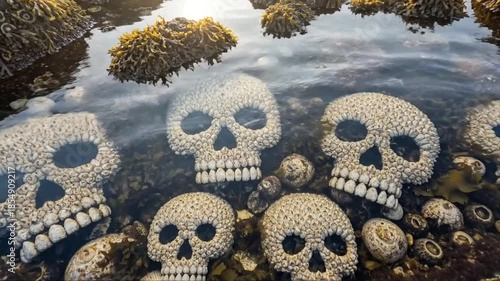 Skull-shaped barnacle clusters in tide pools, ocean life, natural art