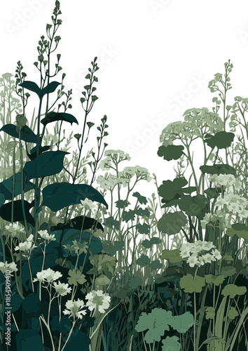 Create a realistic Flowerbed with different blooming plants and flowers vector art with white background .