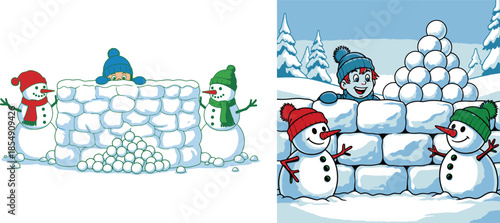 Cute snowmen building a fort and having a snowball fight in winter