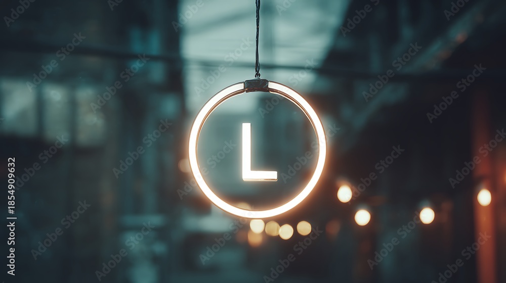 Fototapeta premium Illuminated letter L inside a circular neon light fixture alphabet bright Photo