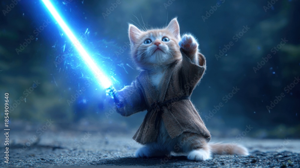 Fototapeta premium Cute kitten dressed as a space warrior holding glowing blue lightsaber in mystical forest setting ideal for fantasy children’s art and sci-fi parody visuals 