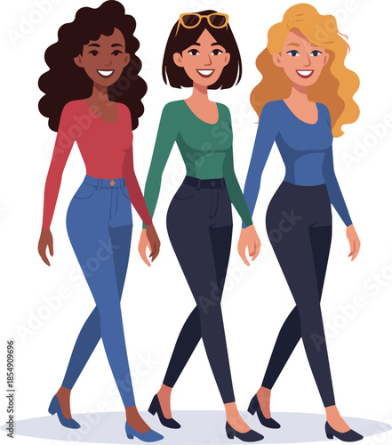 Create a realistic Three cheerful women walking vector art with white background.