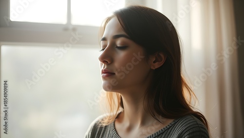 A person in quiet reflection, bathed in soft window light, evoking a sense of peace. Free Download A person in quiet reflection, bathed in soft window light, evoking a sense of peace. - GFXLoad