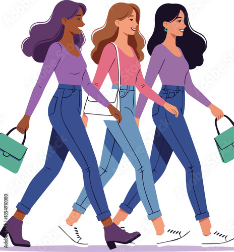 Create a realistic Three cheerful women walking vector art with white background.