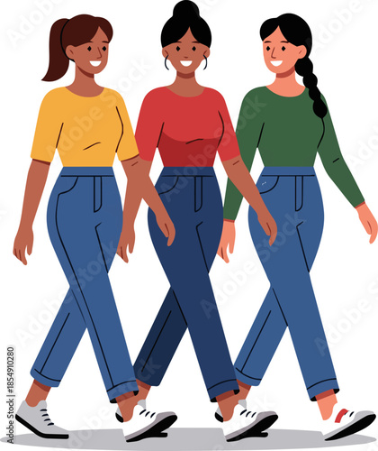 Create a realistic Three cheerful women walking vector art with white background.
