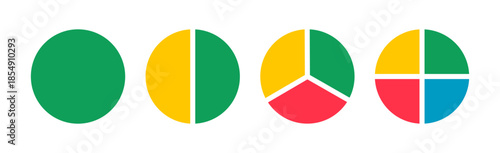 Pies segmented on from 1 to 4 equal parts. Wheels divided in sections. Donut charts. Multicolored diagrams infographic. Circle section graph. Pie, pizza chart round icons. Loading bar fraction mockup.