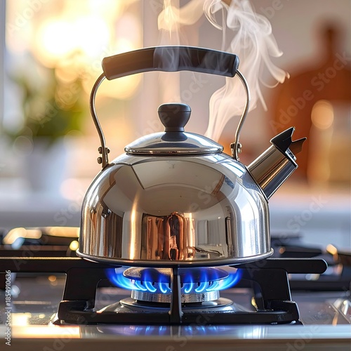 Shiny stainless steel kettle on a gas stove, steaming
