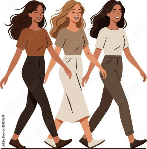 Create a realistic Three cheerful women walking vector art with white background.