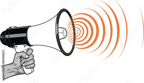 megaphone, speaker, announcement, sound, communication, alert, message, broadcast, noise, amplify, vector, illustration, hand, signal, volume