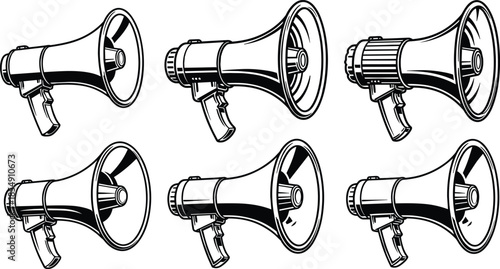 Megaphone illustration set, loudspeaker icons for announcements, communication, public speaking, promotion graphics, protest tools, bold vintage vector artwork