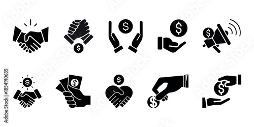Business marketing icon set. Vector illustration of agreement, donation, handshake, partnership, money, marketing megaphone, sponsor, purchase.