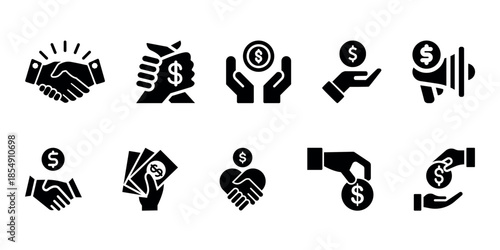 Business marketing icon set. Vector illustration of agreement, donation, handshake, partnership, money, marketing megaphone, sponsor, purchase.