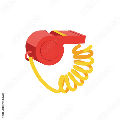 Red plastic whistle with a yellow cord on a plain white background.