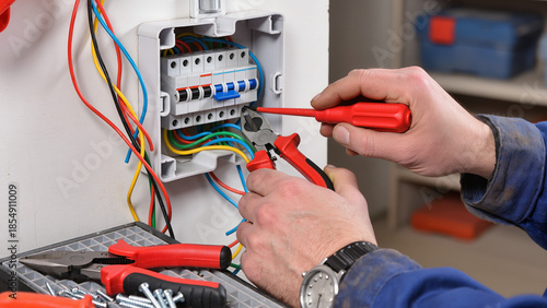 Tableau sur toile electrician fixing electrical wires in main fuse box