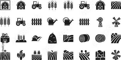 Farming tools and equipment icon set