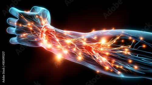 Medical 3D rendering of muscle fiber regeneration and healing process, tissue restoration, muscular recovery, cellular renewal, therapeutic progress, with copy space