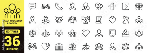 Human Interaction and Society Line Icon Set with Social Connection, Community, Relationship, Teamwork, People Support, and Communication Symbols
