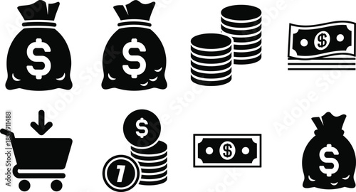 Money bag icon, dollar sign symbol, coin stack graphic, shopping cart illustration, currency vector, financial icon set, commerce design, black white style