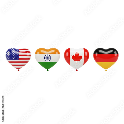 Heart-shaped balloons with national flags isolated on transparent background
