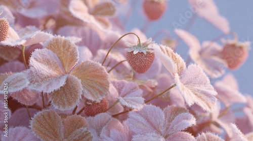 Close-up of a bunch of pink flowers covered in frost. the flowers are arranged in a cluster, with some overlapping each other.