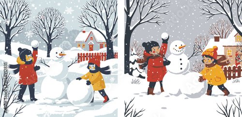 Children build a snowman in a snowy winter village setting
