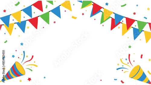 Colorful party background with bunting and confetti