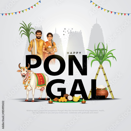 Vector illustration of Happy Pongal Holiday Harvest Festival of Tamil Nadu South India greeting vector background