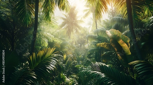 Lush dense tropical rainforest panorama filled with vibrant green palm fronds reaching toward bright atmospheric sunlit jungle canopy