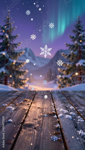 Wallpaper Mural Snowflakes fall on wooden deck, snowy trees, aurora borealis in twilight sky. Torontodigital.ca