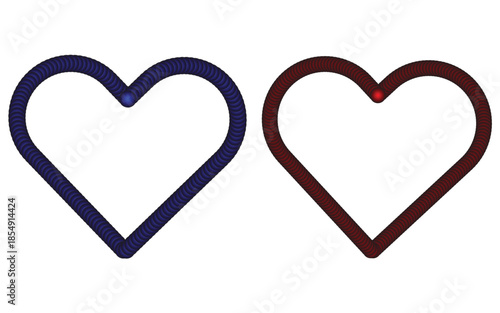 Blue and red heart shapes made from spiral rope style lines isolated on white background,
Abstract blue and red spiral heart outline symbols for love romance design concepts
