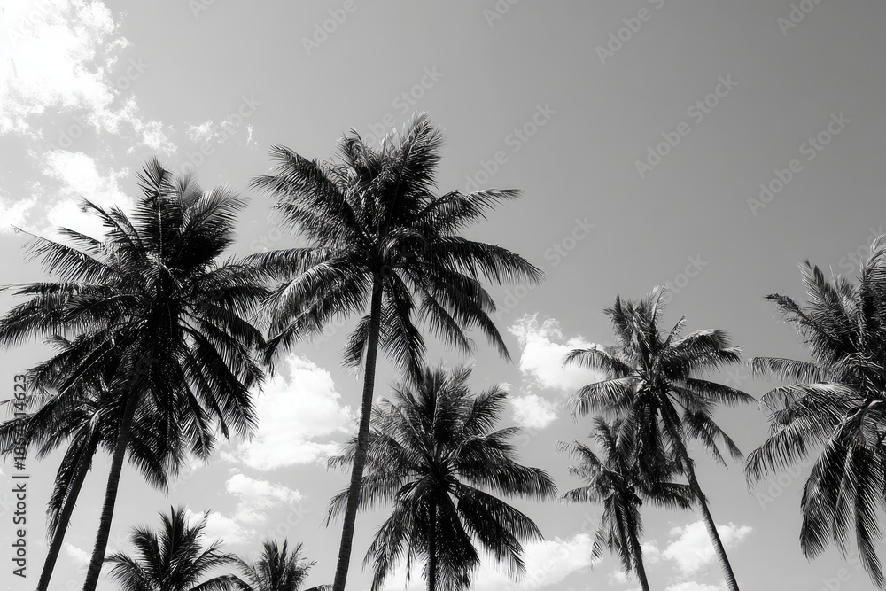 Naklejka premium Black and white tropical palm trees against a cloudy sky, evoking a serene atmosphere