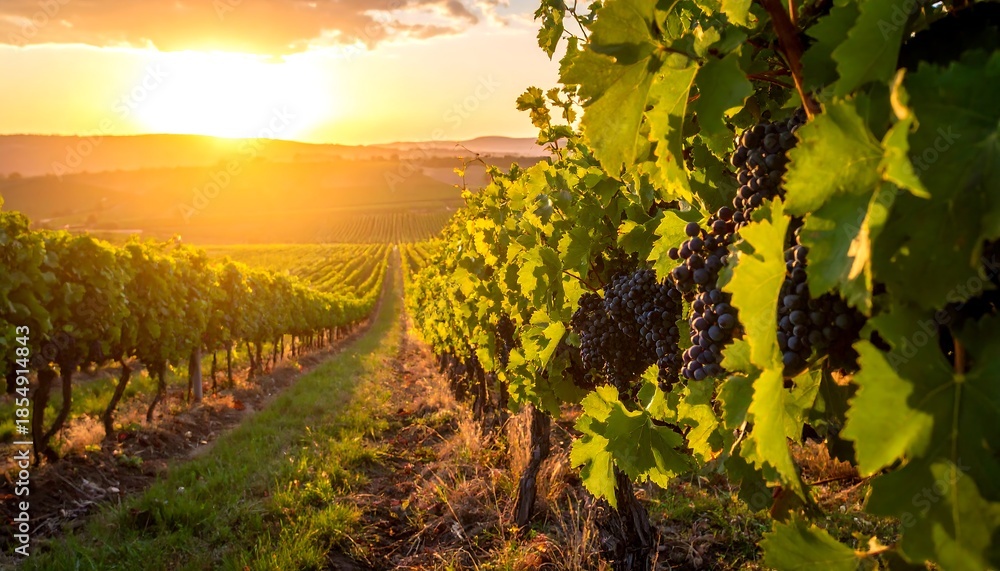 Fototapeta premium Vineyard rows stretch to a golden sunset, grapes hanging ripe, bathed in warm light