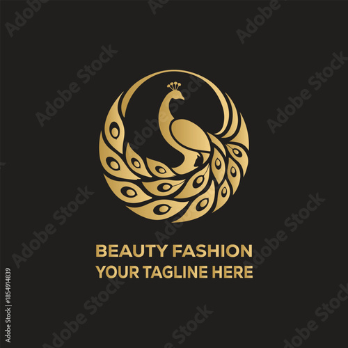 Luxury Gold Peacock Beauty Fashion Logo on Black Background, Elegant Cosmetic Brand Emblem