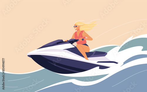 Woman riding a jet ski on ocean waves with flowing blonde hair